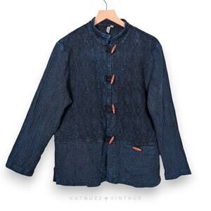 Vintage Lagenlook Topper Jacket M Blue Artsy Textured Mandarin Wooden Toggle